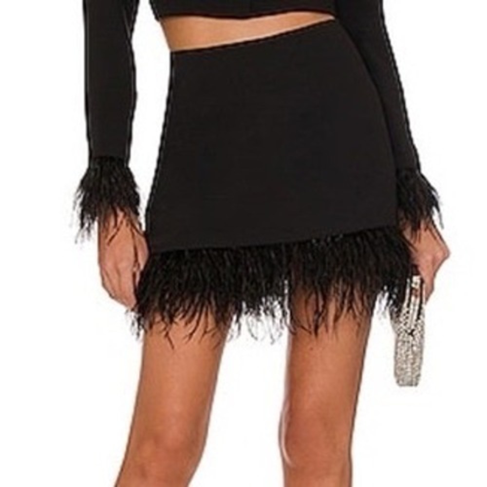 Amanda Uprichard Dessa Mini Skirt Womens XS Black Feather Trim Glam Party Modern